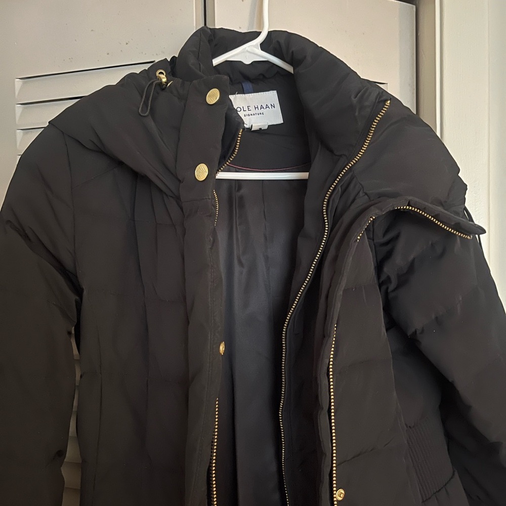 Cole Haan Women's Dark Puffer Coat with Gold Accents